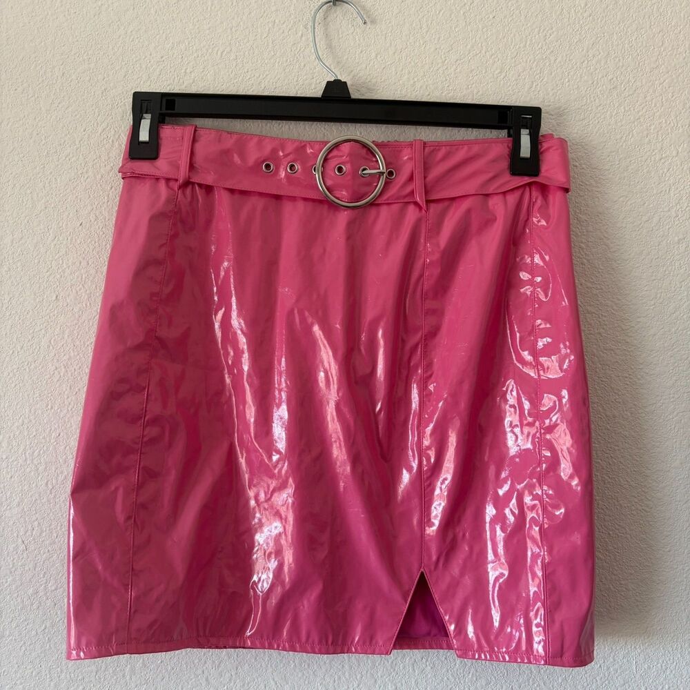 Hours Pink Vinyl Mini Skirt Belted High Waist Glossy Slit Size S‎ Retro Festival